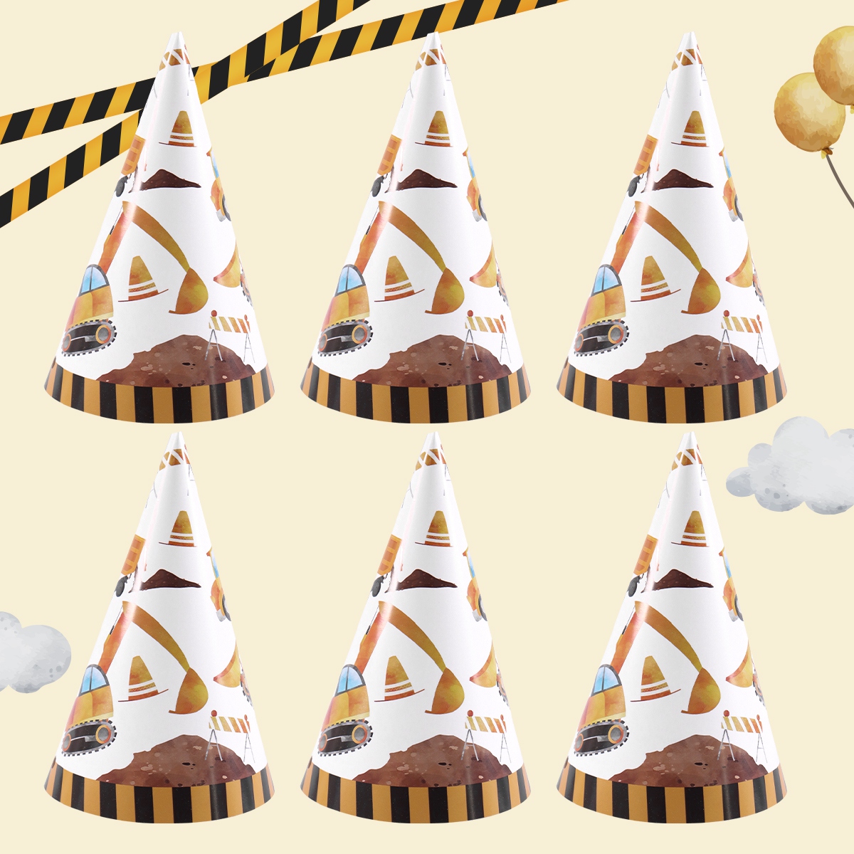 Party Hat Cone - 6pcs Construction Truck Birthday Hat with